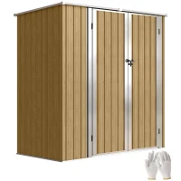 Outsunny Abrigo de Jardim Exterior Metálico 1,37 m² 163x89x163 cm com Telhado Inclinado, Portas com Fecho e Luvas Castanho(m-11)