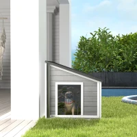 PawHut Cuccia per cani resistente alle intemperie con tetto in asfalto, in legno massello, 71x58x77 cm, Grigio e Bianco(m-5)