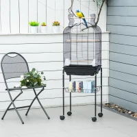 PawHut Gaiola para Passáros com Suporte Gaiola com 4 Rodas Teto com Abertura 2 Comedouros 3 Poleiros Bandeja Removível e Prateleira Inferior 46x36x130cm Preto(m-10)