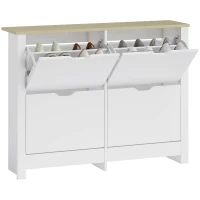 HOMCOM Schuhschrank Schmal mit 4 Klappfächern für 8–16 Paar Schuhe, 105 x 26 x 80 cm, Weiß+Natur(m-11)