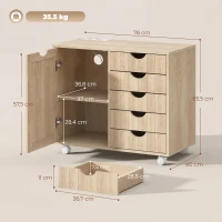 HOMCOM Mueble para Impresora con Estación de Carga y Ruedas 5 Cajones Puertos USB Estante Ajustable Natural(m-3)