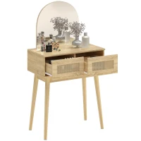 HOMCOM Tocador de Maquillaje con Espejo Arqueado 2 Cajones con Frontal de Ratán para Espacios Pequeños Natural(m-10)