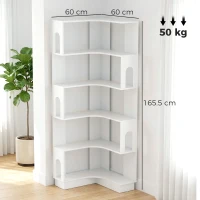 HOMCOM Bibliotecă de colț, etajeră de depozitare cu 6 niveluri și panouri laterale arcuite, 60 x 60 x 165,5 cm, alb(m-3)