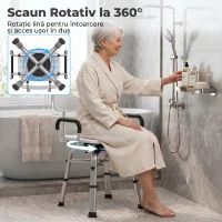 HOMCOM Scaun de Duș Rotativ Reglabil pe Înălțime cu Brațe, Spătar, Capacitate 150 kg, Alb(m-4)