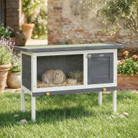 PawHut Hasenstall erhöhter Kaninchenstall aus Holz mit aufklappbar Bitumendach herausziehbarer Schublade 90x45x65 cm Grau(m-2)