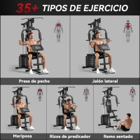 HOMCOM Máquina de Musculación con Pesas Ajustables de 45 kg Prensa de Pecho y Piernas Polea 135x103x210 cm Negro(m-4)