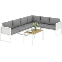 Outsunny Conjunto de Jardín Exterior con Cojines 3 Sofás de 2 Plazas Mesa con Tablero Efecto Madera WPC y Cojines Gris y Blanco(m-10)