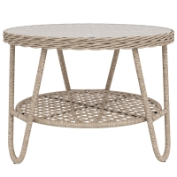 Outsunny Mesa de Jardín Exterior de Ratán Mesita Auxiliar de Jardín con Estante Tablero de Vidrio Templado 65x65x50 cm Amarillo