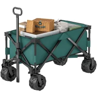 Outsunny Outdoor Folding Garden Trolley on Wheels - Pull Along Camping Cart, Cargo Wagon Trailer with Telescopic Handle and Big Wheels for Beach Garden, Green(m-13)