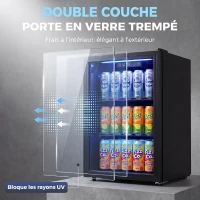 HOMCOM Réfrigérateur à boissons 70L et 70 canettes, petit frigo silencieux, porte en verre trempé, étagères réglables, noir(m-6)