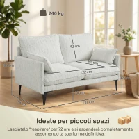 HOMCOM Divano 2 Posti in Tessuto con Braccioli, Imbottitura Spessa e 2 Cuscini, 131x78x83 cm, Bianco(m-3)