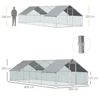 PawHut Chicken Run Galvanised Walk-in Chicken Coop Hen Poultry House Cage Rabbit Hutch with Water-Resist Cover, 3 x 8 x 2m(m-3)