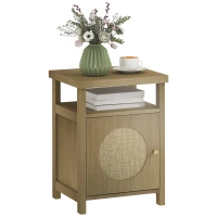 HOMCOM Mesita de Noche con Puerta de Ratán Mesilla de Noche con Estante Abierto y Compartimento 40x35x55 cm Madera Natural(m-10)