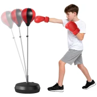 HOMCOM Saco de Boxeo de Pie Punching Ball con Altura Ajustable de 4 Niveles en 126-144 cm Base Rellenable de Agua o Arena Guantes y Inflador para Adolescentes Rojo y Negro(m-10)