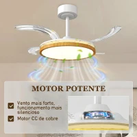 HOMCOM Ventoinha de Teto com Luz LED 80 W Motor DC Reversível Controlo Remoto 6 Velocidades Temporizador Ø95 cm Branco e Madeira(m-6)