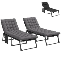 Outsunny Conjunto de 2 Espreguiçadeiras Dobráveis com Apoio de Cabeça, Almofadas, Bolso Lateral e Encosto Reclinável em 5 Posições, Cinzento Escuro(m-10)