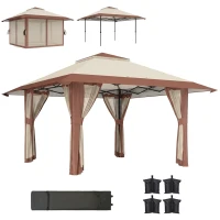 Outsunny 4 x 4 m Garten-Pavillon, Gartenzelt mit Netzwänden, UPF50+ Schutz, Höhenverstellbares Partyzelt, Beige(m-11)