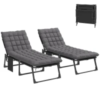Outsunny Conjunto de 2 Espreguiçadeiras Dobráveis com Apoio de Cabeça, Almofadas, Bolso Lateral e Encosto Reclinável em 5 Posições, Cinzento Escuro(m-11)