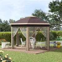 Outsunny tuinpaviljoen opvouwbaar tuinhuisje 4 x 4 m pop-up tent partytent incl. draagtas 6 zijpanelen dubbel dak zeshoekig beige + kaki(m-2)