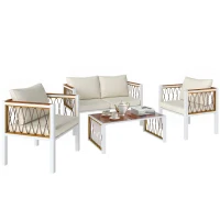 Outsunny 4 Piece Rattan Garden Furniture Set with Loveseat, 2 Armchairs, Table, Metal Frame Patio Conversation Set, Cream White(m-10)