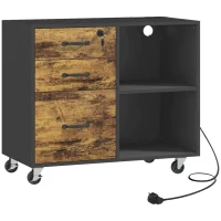 HOMCOM Dulap pentru imprimantă cu 3 sertare, 2 rafturi deschise și orificiu pentru cabluri, din MDF, 80x40x65,5 cm, maro și negru(m-1)