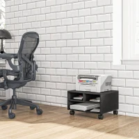 HOMCOM Dulap Mobil pentru Imprimantă cu 2 Rafturi, din Lemn cu Roți, pentru Birou și Studio, 47x40x22,5 cm, Negru(m-7)