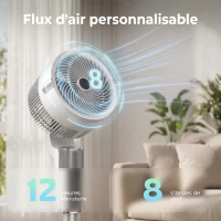 HOMCOM Ventilateur sur pied silencieux 20 dB pour chambre, ventilateur avec oscillation à 90°, 8 vitesses et lumière LED, blanc(m-4)
