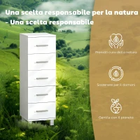HOMCOM Cassettiera a 5 Cassetti per Camera da Letto e Soggiorno in Legno, 30x30x95 cm, Bianco(m-5)