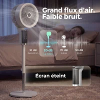 HOMCOM Ventilateur sur pied silencieux 20 dB pour chambre, ventilateur avec oscillation à 90°, 8 vitesses et lumière LED, blanc(m-5)