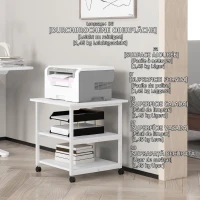 HOMCOM Raft Mobil pentru Imprimantă cu 3 Etajere și 4 Roți, Lemn și Oțel, 50x50x52,5cm, Alb(m-7)