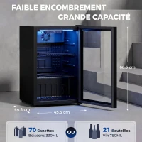 HOMCOM Réfrigérateur à boissons 70L et 70 canettes, petit frigo silencieux, porte en verre trempé, étagères réglables, noir(m-3)