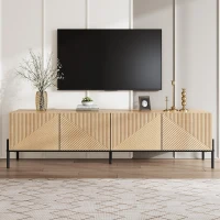 Meuble TV bas avec 4 portes à ouverture par pression, design géométrique, piètement en métal, 163,5x40x45 cm, Couleur naturelle(m-5)
