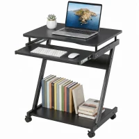 HOMCOM Mesa de Ordenador con Ruedas 60x48 cm con Bandeja Deslizante para Teclado y Estante Inferior Marco Metálico Negro(m-10)