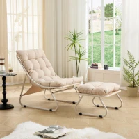Fauteuil lounge d'extérieur avec pouf, coussin rembourré, tissu sling, structure en acier, Beige(m-5)