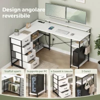 HOMCOM Scrivania Angolare a L Reversibile con Prese di Corrente e 4 Cassetti in Tessuto, Bianco(m-6)