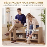 HOMCOM Banc chaussures entrée, banc de rangement, assise rembourrée en lin, 2 tiroirs en rotin et étagère ouverte, chêne(m-6)