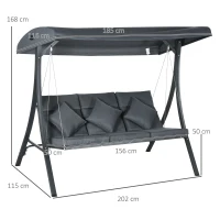 Outsunny Dondolo da Giardino 3 Posti con Tettuccio Regolabile, in Acciaio e Poliestere, 202x115x168 cm, Grigio Scuro(m-3)