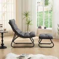 Fauteuil lounge d'extérieur avec pouf, coussin rembourré, tissu sling, structure en acier, Gris(m-5)