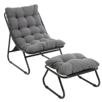 Fauteuil lounge d'extérieur avec pouf, coussin rembourré, tissu sling, structure en acier, Gris(m-2)