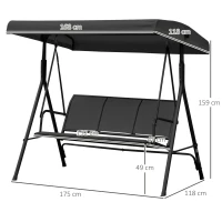 Outsunny Dondolo da Giardino a 3 Posti con Tettuccio, Seduta Traspirante e Telaio in Acciaio, Nero(m-3)