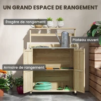 Outsunny Table de rempotage table de jardinage placard et étagères et plateau patins antidérapants 90,5x41x124,5cm bois naturel(m-5)