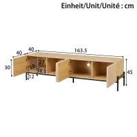 Meuble TV bas avec 4 portes à ouverture par pression, design géométrique, piètement en métal, 163,5x40x45 cm, Couleur naturelle(m-3)