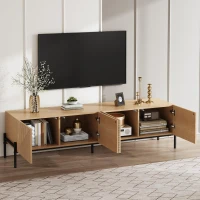 Meuble TV bas avec 4 portes à ouverture par pression, design géométrique, piètement en métal, 163,5x40x45 cm, Couleur naturelle(m-4)