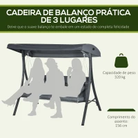 Outsunny Baloiço de Jardim Exterior de 3 Lugares com Toldo Ajustável e Estrutura de Aço 202x115x168 cm Cinzento Escuro(m-4)