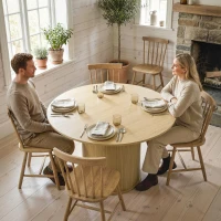 HOMCOM Table à manger ronde pour 4-6 personnes, Ø 120 x 75 cm, table de cuisine avec base cylindrique cannelée, bois naturel(m-10)