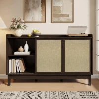 Buffet bas avec portes coulissantes et tiroirs, effet color-block, tablettes réglables, 150x39,5x80 cm, Couleur naturelle(m-1)