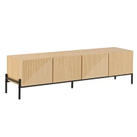 Meuble TV bas avec 4 portes à ouverture par pression, design géométrique, piètement en métal, 163,5x40x45 cm, Couleur naturelle(m-6)