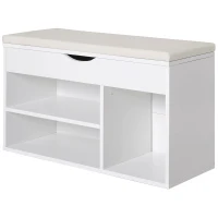 HOMCOM Banc à chaussures, meuble range-chaussures gain de place avec siège rembourré basculant pour l'entrée en bois, 80x30x47cm, Blanc(m-1)