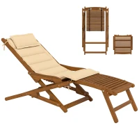 Outsunny Tumbona Silla Plegable de Madera con Reposapiés Desmontable y Cojín con Reposacabezas Carga 160 kg 158x61x70 cm Beige(m-10)