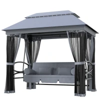 Outsunny 3 Seater Swing Chair 3-in-1 Convertible Garden Swing Seat Bed Gazebo Patio Bench Outdoor with Double Tier Canopy, Cushioned Seat, Mesh Sidewalls, Grey(m-17)